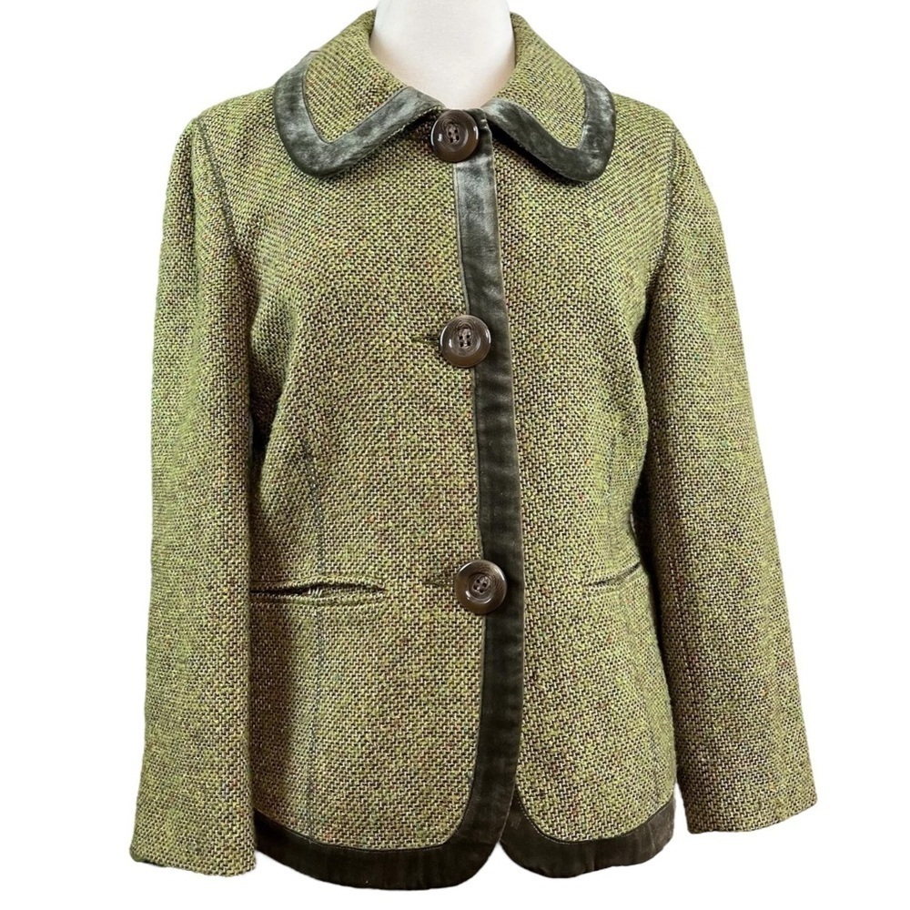 Provence d'Amour Wool Blend Tweed Velvet Trim Buttoned Coat Jacket Green Small